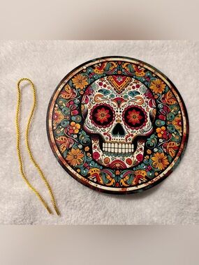 Sugar Skull Day of the Dead Decorative Round Metal Sign Pre-Drilled Teal Multi